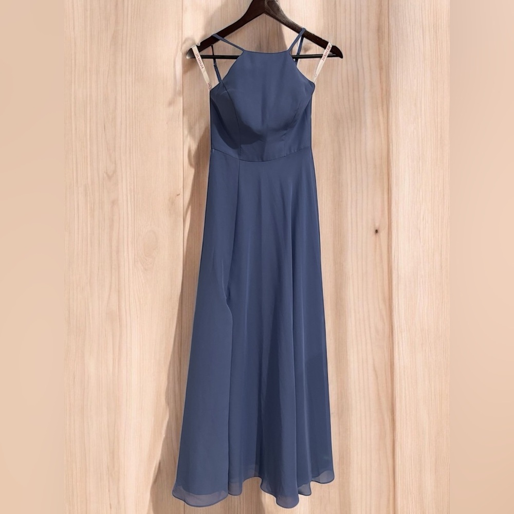 JJs House Dusty Blue Halter-Style Chiffon Maxi Dress